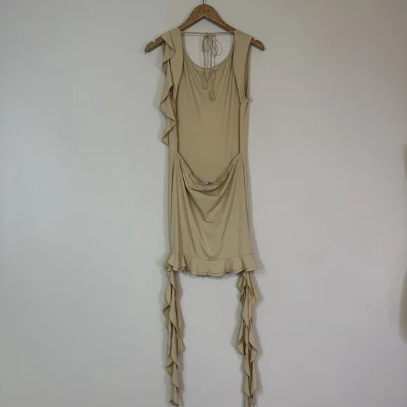 LIONESS Opulence Mini Dress Open Back Side Ruffle Draping Champagne Beige XL - Picture 7 of 10